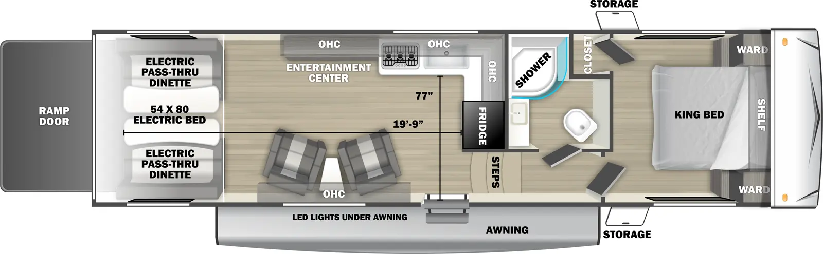 The 3210SLX has zero slideouts, one entry, and rear ramp door. Exterior features storage and awning with LED light underneath. Interior layout front to back: foot-facing king bed with shelf above, wardrobes on each side, and off-door side closet; off-door side full bathroom; steps down to main living area and entry; refrigerator and kitchen counter with overhead cabinet wrap from inner wall to off-door side with sink, cooktop and entertainment center; door side chairs with end table, overhead cabinet, and paddle fan; rear opposing electric pass-thru dinettes with electric bed above. Garage dimensions: 19 foot 9 inches from rear to kitchen counter; 77" from door side to kitchen counter.